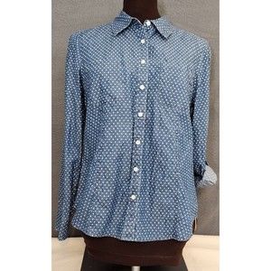Talbots Woman Long Roll Tab Sleeve Shirt Womens Sz PS Polka Dot Chambray‎ Denim